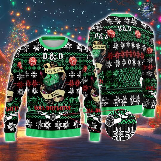 Dungeons & Dragons Seven Dice A-Rolling Ugly Christmas Sweater, BG3 Ugly Christmas Sweater, Game Sweater