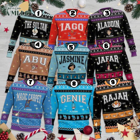 Aladdin Characters Ugly Xmas Sweater, Aladdin Jasmine Christmas Sweater,Disneyland Christmas Party,Christmas Sweatshirt,Family Holiday Shirt