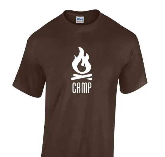 Discover Camping T-Shirt with Campfire Symbols - Funny Chocolate Brown & White