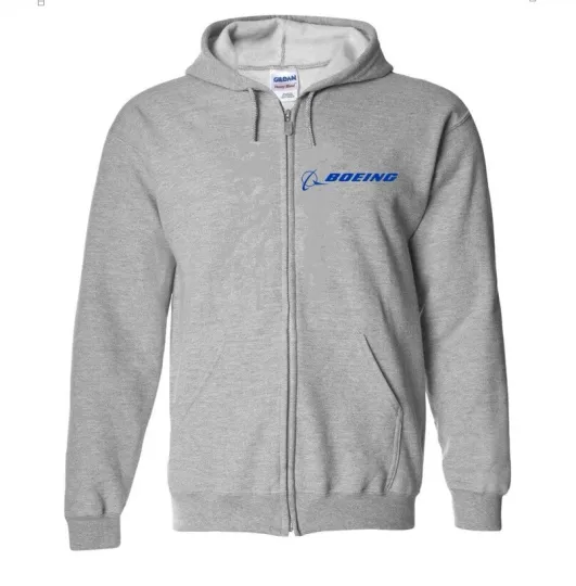 Boeing Aerospace Retro Logo Aviation Zip Hoodie Gray Hooded