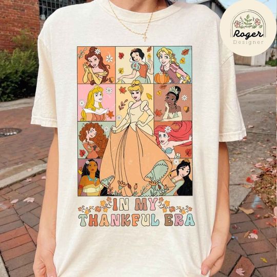 Discover Retro In My Thankful Era Disney Princess Fall Vibes Shirt, Pumpkin Spice Spooky Season Disney Thanksgiving Shirt, Disney Girl Trip Sweater