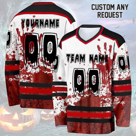 Discover Custom Halloween Hockey Jersey For Men Women Kids, Scary Jersey Shirt Personalized Name Number Horror Costume Top Spooky Lovers Gift
