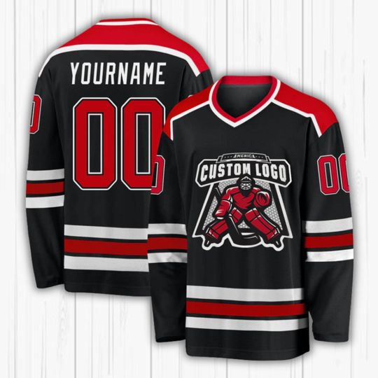 Customizable Black & Red Hockey Jersey: Personalized Team Uniform, Fan Gift
