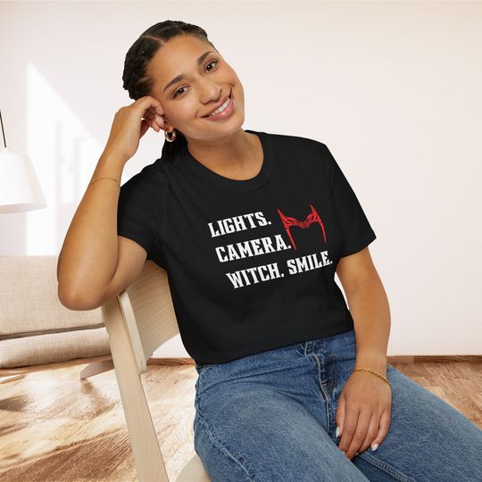 Lights. Camera. Witch, Smile. -Taylorr Swifts/Scarlet Witch T-Shirt (White Letters)