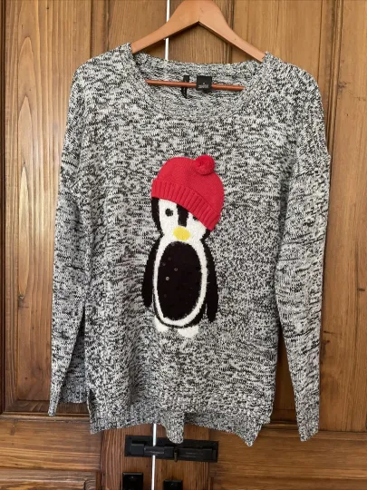New Directions Ugly Christmas Sweater Womens Med Gray Penguin Long Sleeve Ladies