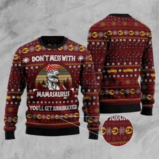 Dinosaur Mom Ugly Christmas Sweater, Happy Holiday Ugly Xmas Sweater Gift