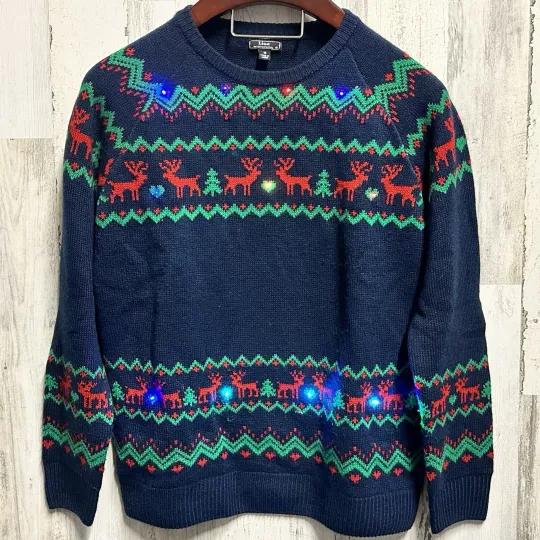 Navy Blue *Light Up* (Not So) Ugly Christmas Sweater Womens Medium Reindeer Xmas
