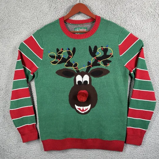 Discover Ugly Christmas Sweater Reindeer Smiling Striped Front And Back Size Large Green