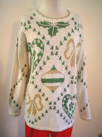 Discover Vtg Christmas Sweater LUREX Holiday Time Hearts Holly Size M Bust 42 Plus Ugly