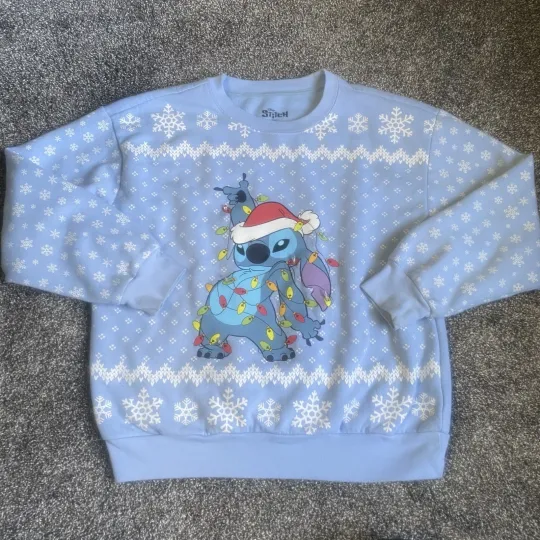 Discover Disney Stitch Womens Medium Ugly Christmas Sweater Lights Santa Hat Snowflake M