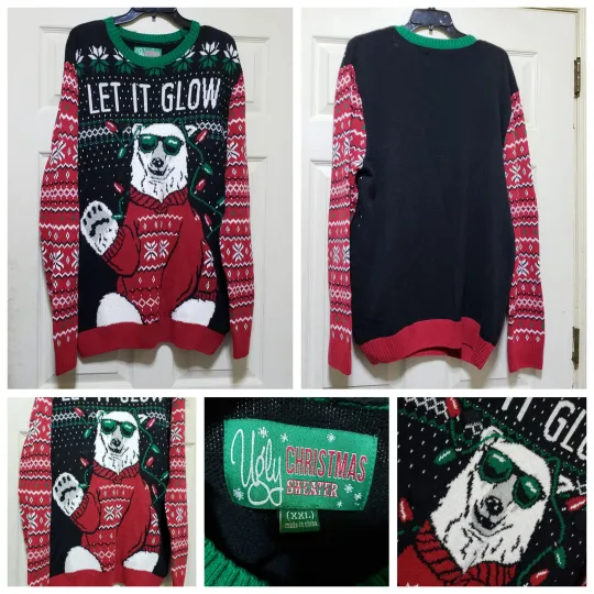 Ugly Christmas Sweater Womens XXL Red Green Let if Glow Polar Bear Holiday Party