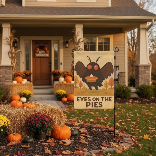 Eyes on the Pies Thanksgiving Garden Flag: Funny Mothman Yard Decoration, Fall Outdoor Porch Decor