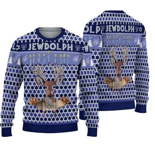 Jewdolph Hanukkah Ugly Sweater, Funny Jewish Christmas Sweatshirt, Chrismukkah Holiday Reindeer Sweater