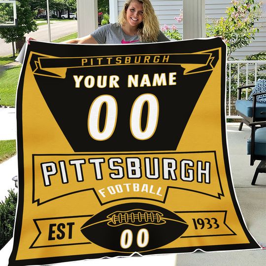 Custom Pittsburgh Football Blanket for Fans - Personalized Name and Number Flannel Throw Blanket, Perfect for Youth Players & Adults
