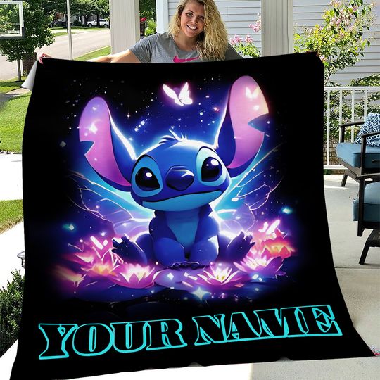Personalized Stitch Sitting On Lotus Ohana Means Family Lilo & amp, Stitch Blanket