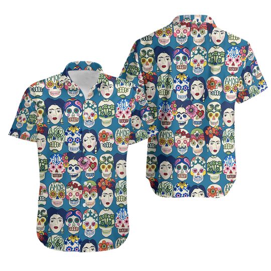 Frida Kahlo Mexican Artist Skull Floral Pattern Print Hawaiian Shirt