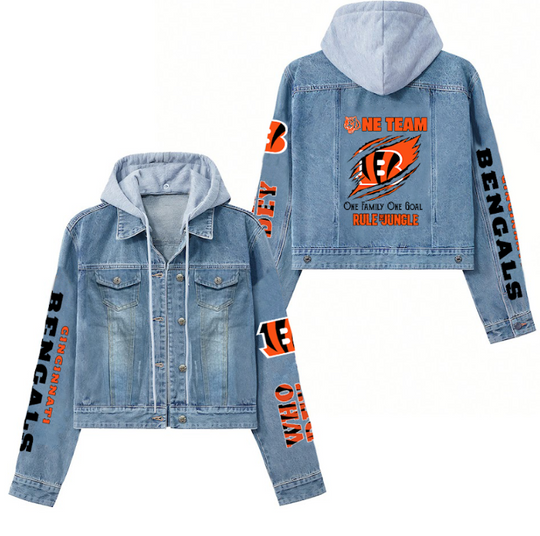 Cincinnati Bengals One Team One Family One Goal Rule The Jungle Hooded Denim Jacket
