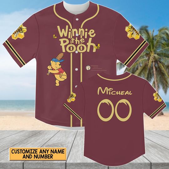 Discover Personalized Disney Pooh Baseball Jersey, Winnie The Pooh Baseball Shirt, Disneyland Family Matching Shirt, Pooh Bear Jersey Shirt