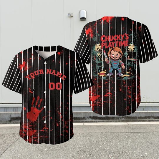 Discover Personalized Chucky Baseball Jersey, Horror Team Jersey Shirt, Scary Halloween Jersey For Horror Fans, Chucky Doll Jersey Shirt