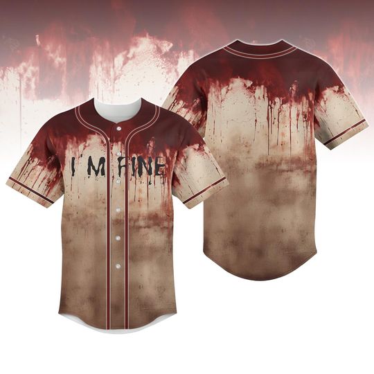 Discover I'm Fine Halloween Baseball Jersey, Horror Blood Stain Jersey Shirt, Spooky Season Sport Shirt, Horror Party Outfit, Halloween Gift