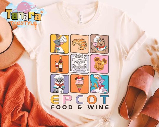 Discover Retro 90s EPCOT Food & Wine Festival T-Shirt, Crop Top, Disney 2025 Design, Drink and Snack Theme with Remy Gus Meeko Figment, Family tee