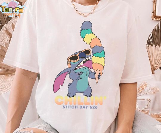 Discover Retro 90s Stitch Chillin Ice Cream 626 T-Shirt, Crop Top, Disney Lilo & Stitch Aloha Tee, Magic Kingdom Disneyland Vacation Gift, Cute