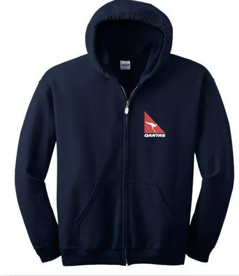 Qantas Airlines Retro Logo Zip Hoodie Australia Navy Blue Hooded