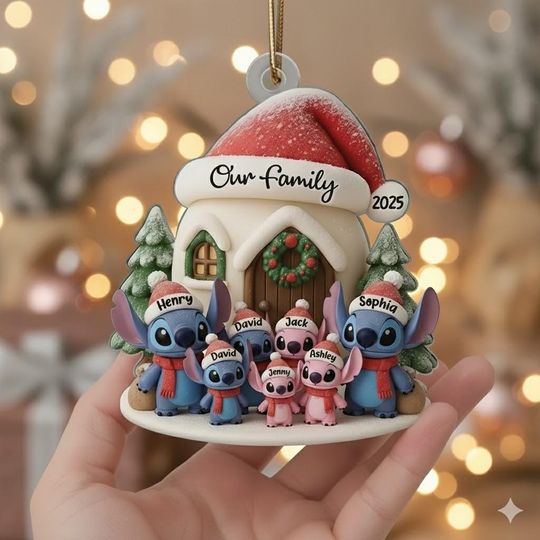 Discover Personalized Stitch Family Christmas Acrylic Ornament, Snow House Christmas Ornament, Stitch Family Ornament, Custom Stitch Family Ornament