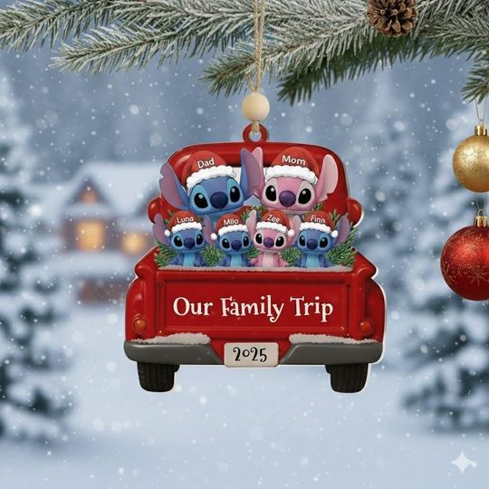Custom Stitch Family Acrylic Ornament, Stitch Family Ornament, Stitch and Angel Family Ornament, Red Truck Christmas Decor, Family Ornament
