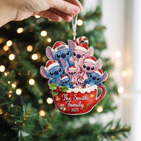 Personalized Stitch Family Acrylic Ornament, Stitch Family Ornament, Stitch and Angel Family Ornament, Christmas Ornament, Family Ornament