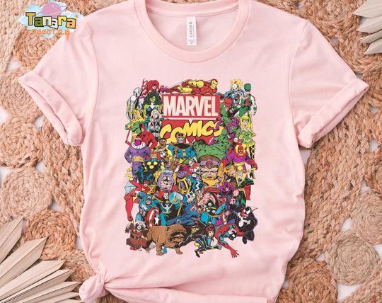 Discover Retro 90s Marvel Comics Heroes Group Shot T-Shirt, Disney Marvel Shirt, Family Birthday Gift, MCU Fans Gift