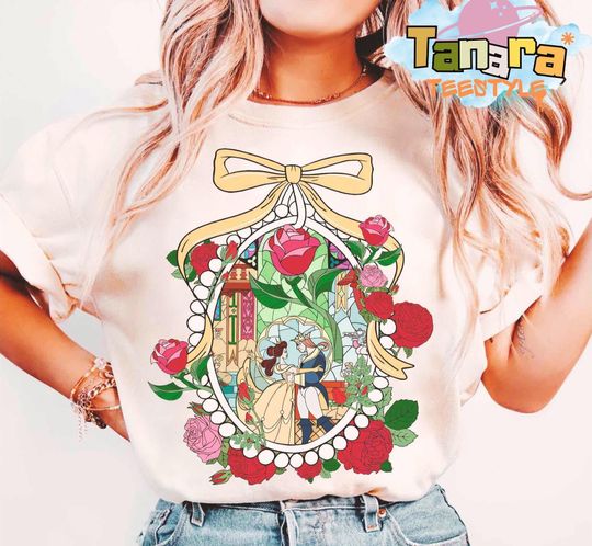 Discover Retro 90s Disney Beauty & The Beast Stained Glass Rose T-Shirt, Coquette Bow Tee, Belle Princess Shirt, Tale As Old As Time Gift
