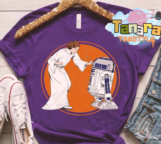 Discover Princess Leia and R2-D2 T-Shirt, Crop Top, Retro Star Wars Design, Galaxy's Edge Trip, Perfect Birthday Gift for Fans, Classic Movie Tee