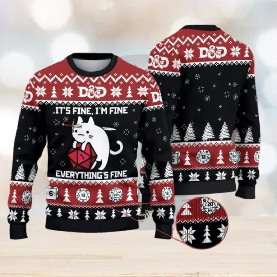 Discover Dragon Woolen Sweater, Funny Cat It’s Fine Everything Fine Ugly Xmas Sweater
