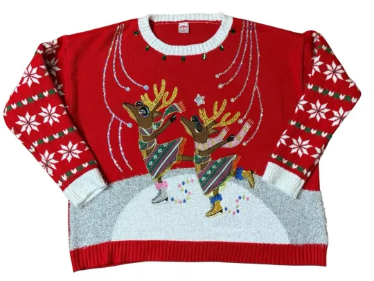 Discover Womens Ugly Christmas Sweater Red White Reindeers Size 1X -16W/18W Holiday Time