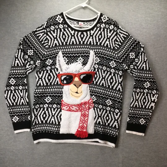 Llama Comfy Xmas Sweater Size LARGE Black White Holiday Time Ugly Sweater