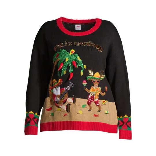 Holiday Time Women's Plus 1X (16W/18W) Feliz Navidad Christmas Ugly Sweater