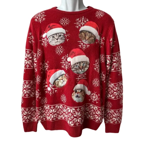Discover Dec 25th Satin Appliqué Santa Kittens Ugly Christmas Sweater Size Med WORN ONCE