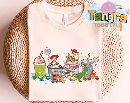 Retro 90s Toy Story Coffee Tea T-Shirt, Disneyland Vacation Family Gift, Buzz Jessie Woody Rex Hamm Characters Latte Drink Cup
