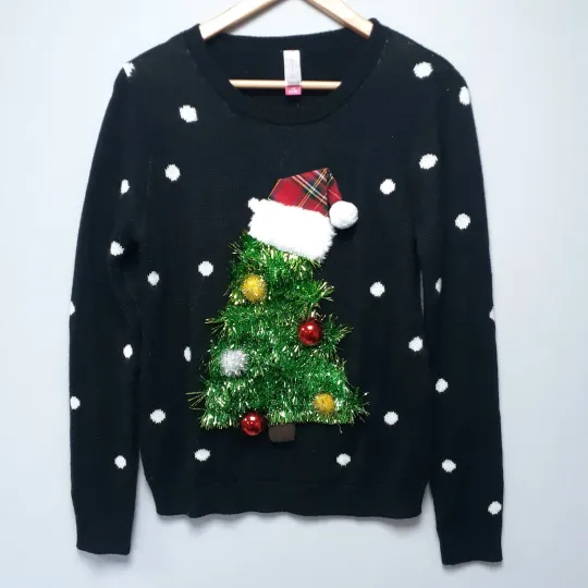 Discover No Boundaries Ugly Christmas Sweater Tree 3-D Womens Junior Size Large 11-13 VGC
