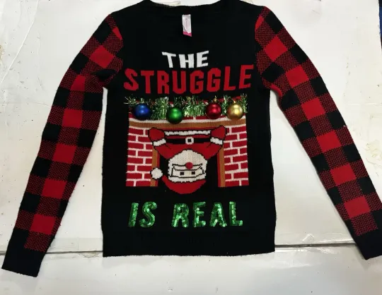 Santa The Struggle is Real Ugly Christmas Sweater Fireplace Sz XS 1 Fast Ship
