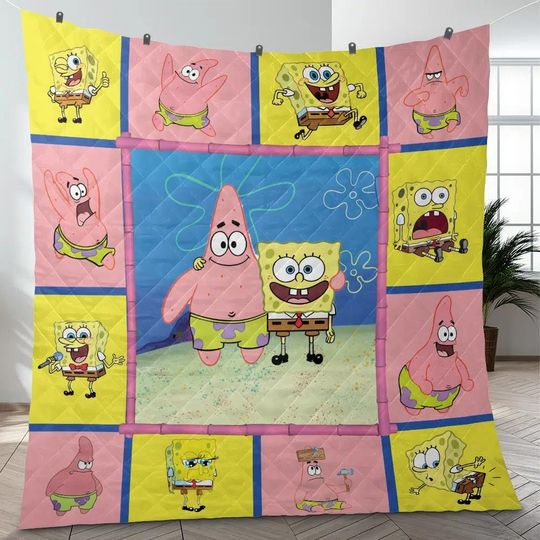 Funny Spongebob And Patrick Spongebob Squarepants Quilt Blanket, Cartoon Quilt Blanket, Bedding Blanket, Home Decor Gift.