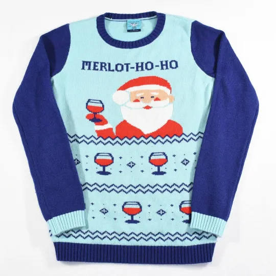 Discover Norther Pole Ugly Christmas Sweater Women's Small Blue Merlot-Ho-Ho Santa Wine