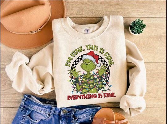 Discover Funny funny character Sweatshirt, I'm Fine Everything is Fine funny character Shirt, Grin Season, Christmas tShirt, Christmas Gift, Christmas Lights tee