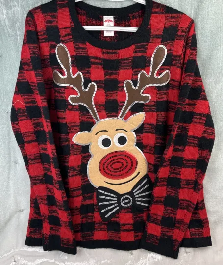 Reindeer Christmas Sweater Womens LG Red Plaid Holiday Time Ugly Sweater Sequin