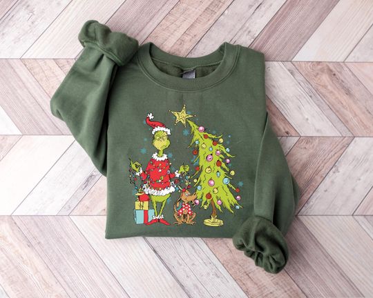 funny character Christmas Sweatshirt, Grin Sweatshirt, Grin Christmas Sweatshirt, Whimsical Tree Sweater, funny character Tee Gift