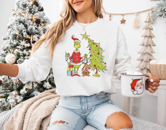 funny character Christmas Sweatshirt, Grin Sweatshirt, Grin Christmas Sweatshirt, Whimsical Tree Sweatshirt, funny character Tee
