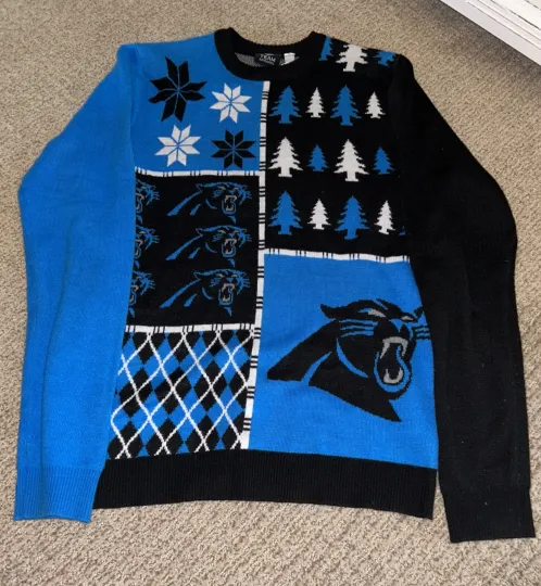 Discover football Team Apparel Carolina Panthers As L Unisex Blue Mascot Christmas Sweater EUC
