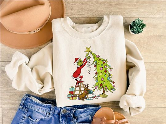 Funny Christmas funny character Sweatshirt: Merry Grin Sweater, Xmas Party Whimsical Tree Shirt