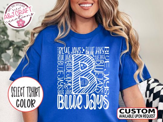 Discover Blue Jays Team Mascot Spirit Typography Shirt - School Mascot Pride Tshirt for Teachers, Students & Parents - Cheer, Football, Baseball